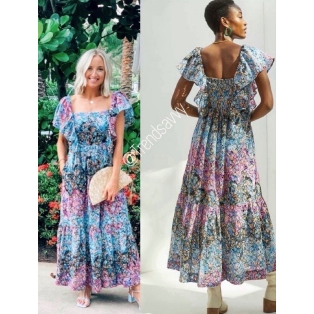 Anthropologie XL Clementina Eyelet Maxi Dress Blue Pink Ruffle Boho